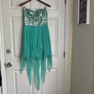 SPEECHLESS strapless teal sequin fairy handkerchief bottom dress sz 11 mermaid
